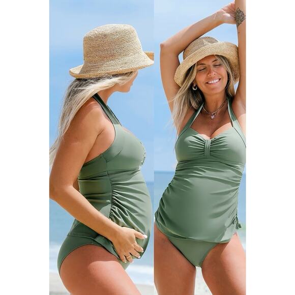 CUPSHE Green Ruched Maternity Tankini & Standard Bottoms Set SZ SMALL - Picture 1 of 4
